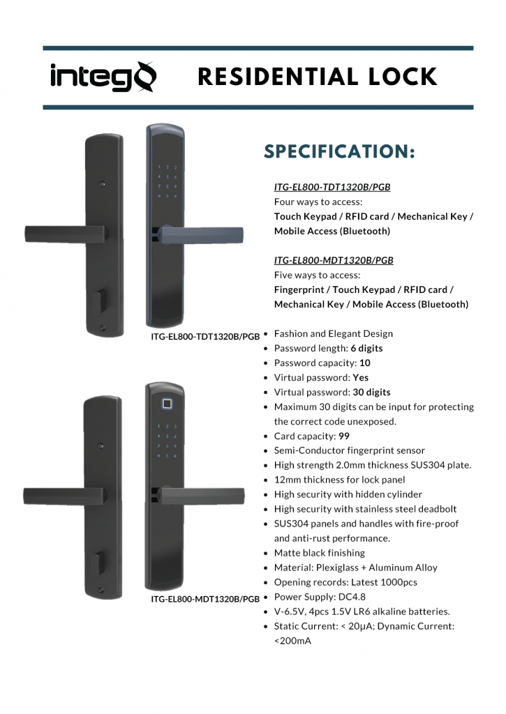 Intego Residential Lock – ITG-EL800-TDT1320/PGB | ITG-EL800-MDT1320/PGB ...